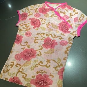 Sweet Pea Pink Floral Mandarin-Collared Top